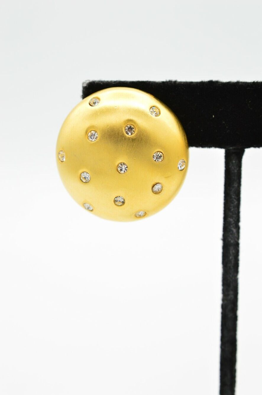 Givenchy Vintage Round Brushed Gold Crystal Clip On Earrings Signed 1980s BinH